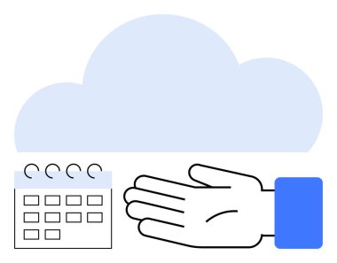 Açık bir el ve spiral kaplı bir takvimin üzerinde bulut. Bulut depolama, destek, programlama, yönetim, teknoloji entegrasyonu, güvenilirlik ve organizasyon için ideal. Satır metaforu