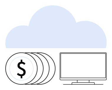 Dolar işareti, bulut şekli ve bilgisayar monitörlü bozuk para yığını. Teknoloji, finans, bulut hesaplama, tasarruf, çevrimiçi hizmetler finansal yönetim dijital sektörü için idealdir. Satır metaforu