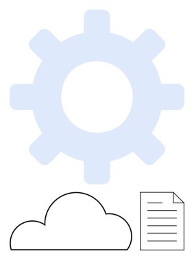 Bulut çizgisi ve belge simgesinin arkasındaki büyük mavi dişli. Bulut hesaplama, veri depolama, teknoloji yönetimi, dijital belge paylaşımı, bilişim altyapısı, bulut hizmetleri, iş