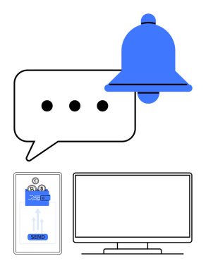 Üç noktalı konuşma balonu, bildirim zili, gönderme düğmeli akıllı telefon, beyaz arkaplanda PC monitörü. İletişim temaları, teknoloji, sosyal medya, alarmlar, mesajlaşma uygulamaları için ideal