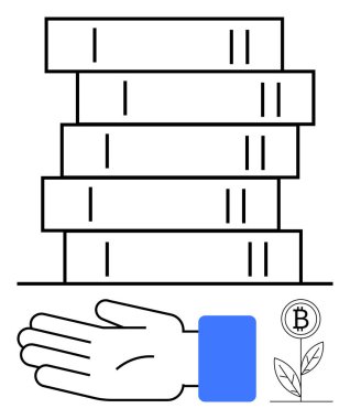 Yığılmış kitaplar, uzatılmış eller bitkiden büyüyen Bitcoin bilgiyi, fırsatı, şifreli zenginliği temsil ediyor. Finans, yatırım, eğitim, kripto para birimi büyümesi öğrenme kılavuzu için ideal