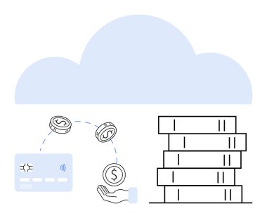 Kredi kartının üstündeki bulut şekli, bozuk paraların eline düşmesi ve veritabanı sunucularının istiflenmesi. Finans, bankacılık, dijital işlemler, bulut depolama, veri güvenliği, teknoloji entegrasyonu için ideal