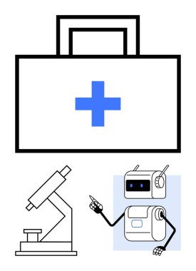 Çapraz mikroskop ve robot etkileşimi olan ilk yardım çantası. Sağlık, tıp, teknoloji, yenilik, araştırma, robot bilimi ve bilim eğitimi için ideal. Mavi ve siyah aksanlar. Satır metaforu