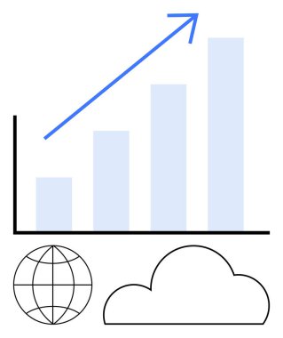 Mavi sütunlu çizelge yükseliyor, yukarı doğru mavi ok, küre ve bulut. Ticari büyüme, küresel eğilimler, dijital pazarlama, teknoloji, veri analizi bulut hesaplaması için ideal