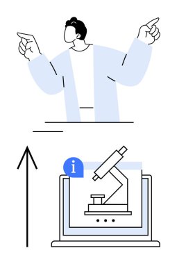 İki eliyle yukarı bakan bir adam, mikroskobun altında bir bilgi simgesi ile bir dizüstü ekranda görüntülenir. Bilim eğitimi için ideal, çevrimiçi öğrenim, teknoloji, araştırma, rehberlik