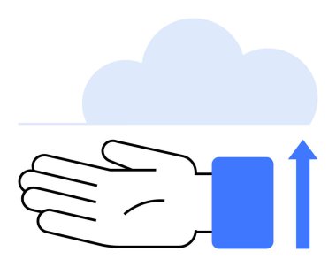 Yukarı bakan el hareketi, yukarı bakan mavi bir ok ve birlikte bir bulut ikonu büyümeyi, ilerlemeyi ve dijital bulut hizmetlerini sembolize eder. Teknoloji, yenilik, web sunucusu, veri depolama bulutu için ideal