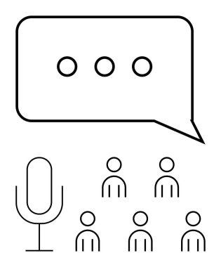 Speech bubble icons microphone, six people figures. Ideal for communication, dialogue, discussions, presentations, public speaking, webinars, social interaction Line metaphor clipart