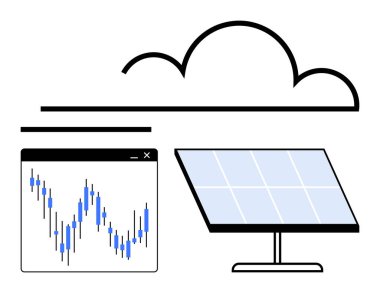 Bulut ve veri analizinin yanındaki güneş paneli grafik penceresi. Yenilenebilir enerji, bulut hesaplama, veri analizi, sürdürülebilirlik, teknoloji, borsa ve yenilik temaları için idealdir. Satır metaforu
