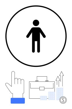 Man icon in a circle, a pointing hand, briefcase, skyscrapers with upward arrows, and a dollar coin. Ideal for business growth, finance, career development, investments hierarchy corporate clipart