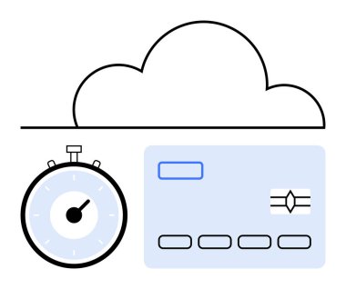 Bulut hattı kronometre ve kredi kartı. Bulut hizmetleri, fatura, işlem, finans, zaman yönetimi, ödeme sistemleri, güvenlik için idealdir. Satır metaforu