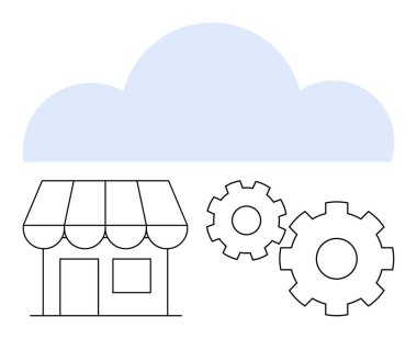 Küçük işletme mağazaları, iki vites, ve teknoloji entegrasyonu ve bulut hizmetlerini gösteren bir bulut. Teknolojiden anlayan iş dünyası için ideal, bulut çözümleri, e-ticaret, modernizasyon, altyapı