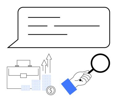 Evrak çantasının üstünde konuşma balonu, yukarı doğru grafikler, bozuk paralar ve el ele tutuşan büyüteç. İş analizleri, finansal büyüme, yatırım, piyasa araştırması, veri analizi ekonomik planlama için ideal