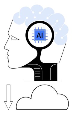 Beyin bağlantıları olan insan kafası silueti ve yapay zeka çipi, bulut depolama ikonuna bağlı ve ok indiriyor. Yapay zeka teknolojisi, makine öğrenimi, bulut hesaplaması, dijital dönüşüm, veri için ideal