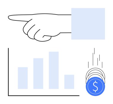 Düşen bozuk paralarla yükselen çubuk grafiğe doğru el hareketi. Finans, yatırım, iş büyümesi, ekonomik trendler, pazar analizleri, finansal planlama, zenginlik yönetimi için idealdir. Çizgi