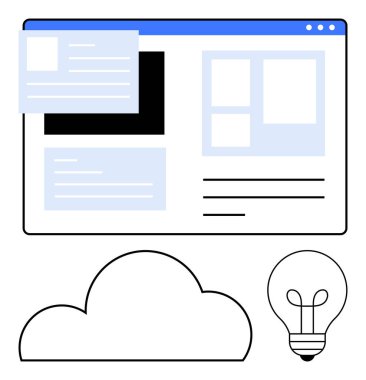 Birden fazla kesitli web sayfası düzeni, açılır pencereler, bulut sembolü ve bir ampul. Web tasarımı, bulut hesaplaması, yenilik, üretkenlik, beyin fırtınası, teknolojik dijital çözümler için ideal