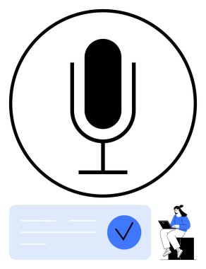 Daire şeklinde büyük siyah mikrofon, dizüstü bilgisayarda çalışan küçük insan ve mavi işaret. Podcastlar, ses tanıma, içerik oluşturma, ses kaydı, metinden metne konuşma, uzaktan çalışma için ideal