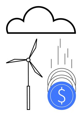 Rüzgâr türbininin, bulutların altına düşen bozuk paralarla rüzgara dönüşmesi yenilenebilir enerji maddi faydalarını simgeler. Yenilenebilir enerji, finans, sürdürülebilirlik, yatırım, çevre dostu