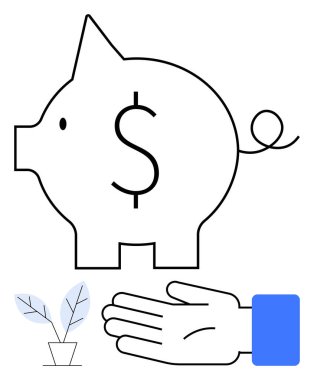 Piggy bank with dollar sign, outstretched hand, and potted plant. Ideal for savings, budgeting, finance, investments, economy growth and support concepts. Line metaphor clipart