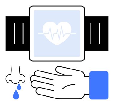 Smartwatch displaying heartbeat sensor, hand, nose with drop. Ideal for health, fitness, medical tech, wearable devices, monitoring alert systems preventative care. Line metaphor clipart