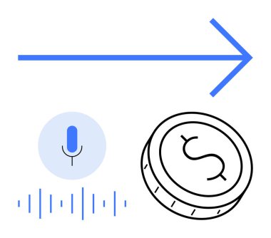 Mikrofon ikonu ve ses dalgaları, maddi kazancı temsil eden bozuk para sembolünün yanında ses tanımayı temsil ediyor. Teknolojik yenilikler, fintech, büyüme stratejileri, yapay zeka, dijital ekonomi, girişimler için ideal