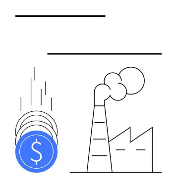 Fabrikanın yanına düşen mavi paralar bacalardan duman yayıyor. Finans, endüstri, ekonomi, yatırım, kirlilik, endüstriyel maliyet, ekolojik etkiler için idealdir. Satır metaforu