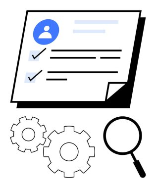 Kullanıcı simgesi ve kontrol işaretli profil sayfası, süreci sembolize eden dişliler, odak için büyüteç. İşe alım, insan kaynakları, iş başvuruları, proje yönetimi, kalite kontrolü için ideal