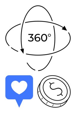 360 rotation arrows circling around text, blue heart thumbs up notification, dollar coin. Ideal for digital media, engagement, social media marketing, finance, app design, technology branding clipart