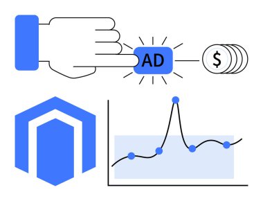 İlan düğmesine basılı para sembolü geometrik mavi kalkan ve çizgi grafiği. Dijital pazarlama, gelir, analitik, e-ticaret, reklam, büyüme ve strateji için ideal. Satır metaforu