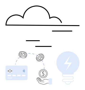 Bulut depolama verileri, kredi kartı, bozuk paralarla el, ampul. Fintech, online bankacılık, dijital cüzdanlar, bulut teknolojisi, finans yönetimi başlangıç sunumları için ideal yenilikler