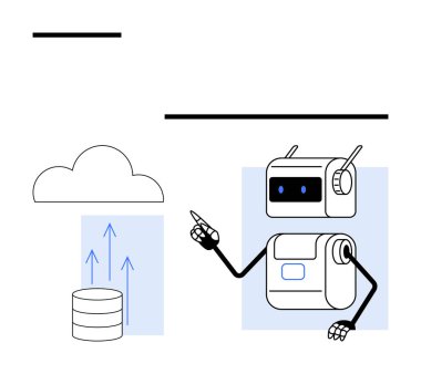 Robot bulut depolama sembolü, oklu veri tabanı. Teknoloji, veri depolama, bulut hesaplama, yapay zeka, makine öğrenme, dijital dönüşüm, yenilik temaları için idealdir. Satır metaforu