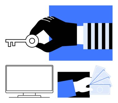 El ele tutuşmak, boş bilgisayar ekranı ve para teklif etmek. Güvenlik, teknoloji, finans, işlemler, çevrimiçi alımlar dijital güvenlik ve erişim kontrolü için idealdir. Satır metaforu