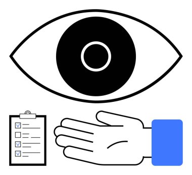 Büyük göz, mavi kollu el, işaretli kontrol listesi vizyon, yardım, organizasyon olduğunu gösteriyor. Proje planlaması, iş akışı, verimlilik desteği ekip çalışması için ideal. Satır metaforu