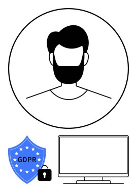 Kullanıcı profili simgesi, mavi GDPR kalkanı, kilit ve bilgisayar monitörü. Veri gizliliği, güvenlik, kullanıcı kimliği, uyum, dijital koruma, çevrimiçi güvenlik kimliği için ideal