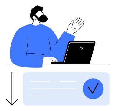 Person in blue sweater using laptop and making a gesture, accompanied by downward arrow and checkmark icons. Ideal for business, presentations, tech, workflow, productivity, validation clipart