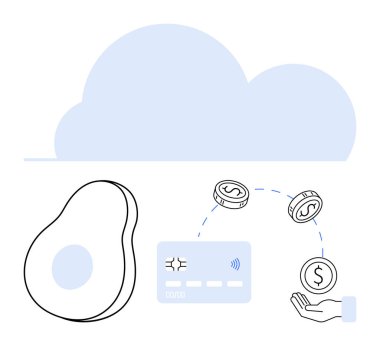 Yukarıda bulut, kredi kartı işleme bozukluklarının yanında avokado ve el ödemesi. Fintech, e-ticaret, çevrimiçi alışveriş, sağlıklı yaşam tarzı, bulut teknolojisi, dijital ekonomi ve yiyecek için ideal