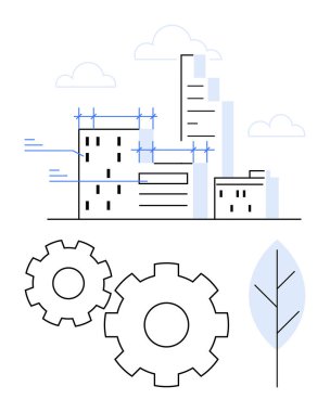 Büyük vitesler ve mavi bir yaprağın yanı sıra, hatlarla birbirine bağlı modern binaların bulunduğu şehir manzarası. Kentsel planlama, mimari, inşaat, yenilik ve takım çalışması için ideal