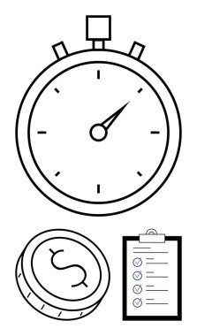 Kronometre zamanı, parayı simgeleyen dolar parayı ve görevleri ve organizasyonu temsil eden kontrol listesi panosunu gösteriyor. Üretkenlik, finans, proje planlaması ve zamana duyarlı görevler için ideal
