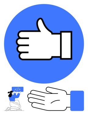 Mavi çemberde el hareketi, dizüstü bilgisayarda çalışan küçük insan ve uzanan el hareketi. Onay, destek, takım çalışması, pozitiflik, iletişim dijital iş motivasyonu için ideal. Satır metaforu