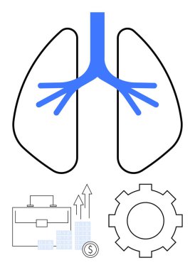 Human lung anatomy image with blue bronchial tree, business growth graph with coins, briefcase, and gearwheel. Ideal for medical education, health awareness, business growth, financial success clipart