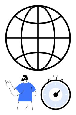 Büyük küre adamı kronometreyi işaret ediyor. Küresel ulaşım, verimlilik, zaman yönetimi, rehberlik, verimlilik, iş akışı ve yenilik için ideal. Satır metaforu