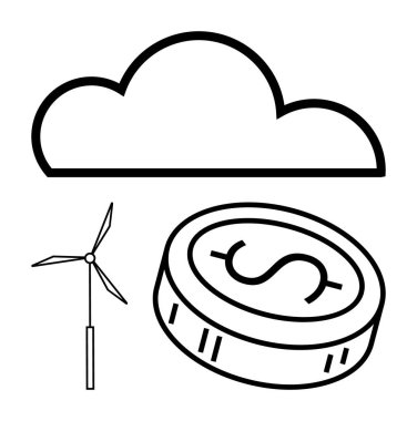 Bulutun altında dolar işareti olan bir madeni paranın yanında rüzgar türbini. Yenilenebilir enerji, finans, sürdürülebilirlik, çevre yatırımları, yeşil teknoloji, temiz enerji, çevre dostu uygulamalar için idealdir. Çizgi