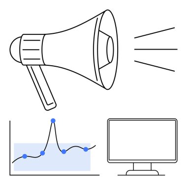 Bilgisayar monitörlü megafon grafiği. Pazarlama, iletişim, reklam, analiz, dijital stratejiler, medya ve teknoloji için ideal. Satır metaforu