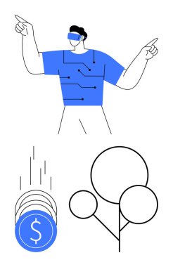 Sanal elementleri gösteren devre desenli kulaklık kullanan bir adam. Dijital paraların düşmesi, soyut ağaç çizgisi. Teknoloji için ideal, VR, yenilik, dijital finans, sanal gerçeklik