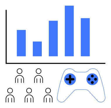 Bar chart, game controller, user icons. Ideal for gaming analytics, user engagement, market trends, data insights, gamer statistics, business growth. Line metaphor clipart