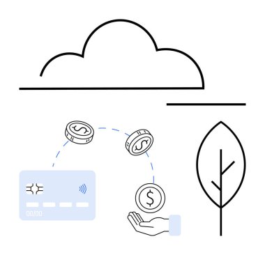 Dijital kartın, bozuk paraların, ellerin ve yaprağın üzerinde bulut ana hatları. Fintech çözümler, bulut hizmetleri, çevrimiçi işlemler, dijital ekonomi çevre dostu sürdürülebilirlik ve yenilik için idealdir. Çizgi