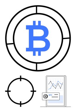 Bitcoin logosu akıllı telefondan grafiğin üstündeki hedef çemberler içinde. Kripto para birimi, engelleme teknolojisi, dijital finans, yatırım, çevrimiçi ticaret, piyasa analizi, fintech temaları için ideal. Çizgi