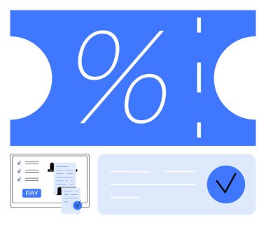 İndirim kuponu, yüzde işareti, ödeme makbuzu ve onaylanmış sembol. Terfi, ecommerce, indirim, alışveriş, tasarruf ve kuponlar için ideal. Satır metaforu