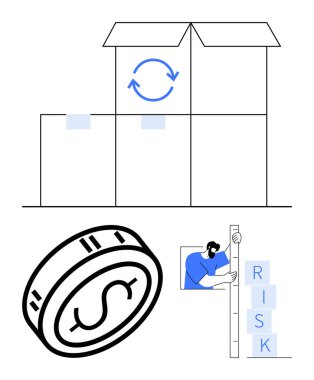 Dolar işaretli sikke, üç istiflenmiş kutu, risk bloklarını ölçen kişi. Finans, lojistik, risk yönetimi, yatırım, nakliye iş analizi ekonomisi için idealdir. Satır metaforu
