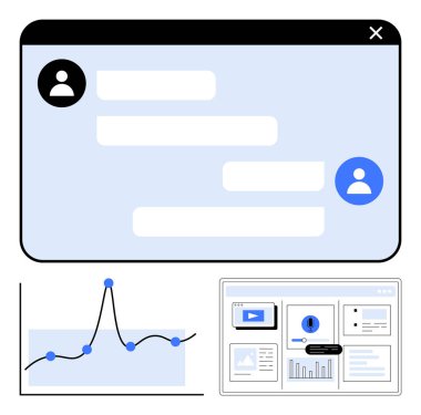 Kullanıcı simgeleri veri tablosu ve web ile mesajlaşma pencereleri, v20 sayfalık düzen. Takım çalışması, iletişim, analitik, iş, teknoloji, ağ oluşturma ve verimlilik için ideal. Satır metaforu