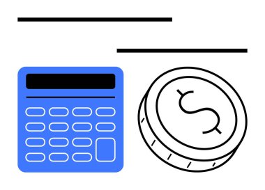 Üzerinde dolar işareti olan bir madeni paranın yanında mavi hesap makinesi. Finans, bütçe, muhasebe, yatırım, mali eğitim, ekonomi ve iş yönetimi konuları için idealdir. Satır metaforu